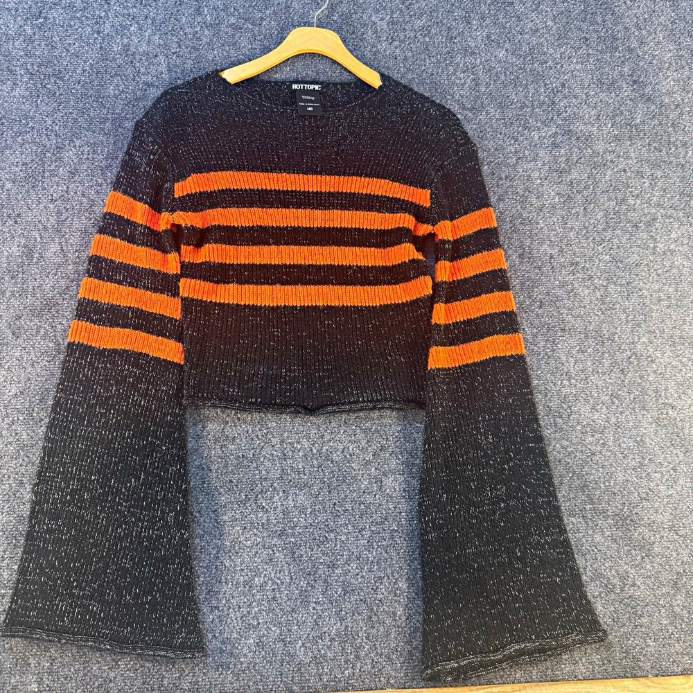 Hot Topic Womens M Orange Black Striped Crop Sweater Bell Sleeve Goth Halloween